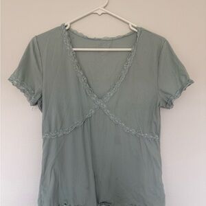 No Boundaries Lace-Trim Ribbed V-Neck Top - Sage Green
